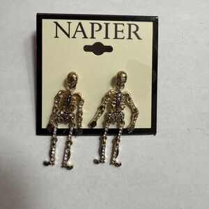 Napier Gold Tone Rhinestone Articulated Skeleton Dangle  Earrings Halloween NWT
